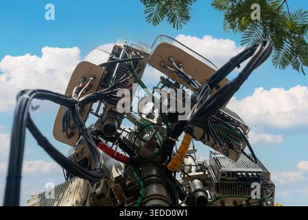 This image showcases a futuristic robotic device with intricate wires and circuits against a blue sky, blending technology with nature in an innovativ Stock Photo