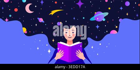 Book, Imagination, Dreams. Girl reading Stock Vector