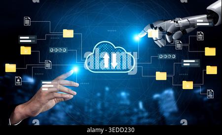A dynamic visual representation of a human hand and a robotic arm reaching towards a digital cloud, embodying the theme of data transfer and Stock Photo