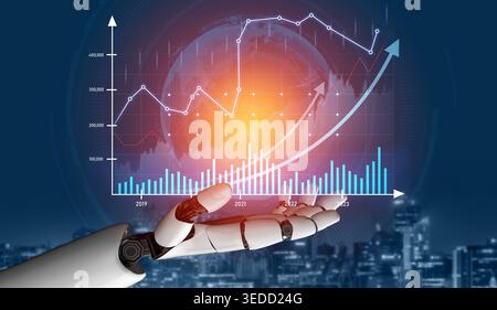 A robotic hand showcases dynamic financial graphs representing growth and analytics. This image embodies the intersection of technology and business Stock Photo