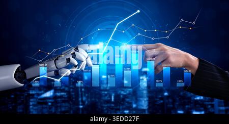 A captivating visualization showcasing the interaction between a human hand and a robot hand as they engage in data analytics and business growth Stock Photo