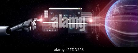 Futuristic robotic hand interacting with advanced technology display in a cosmic environment, showcasing artificial intelligence and digital Stock Photo