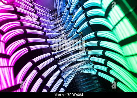 An artistic capture of colorful neon cables forming an abstract pattern in a modern networking environment, showcasing technology and digital communic Stock Photo