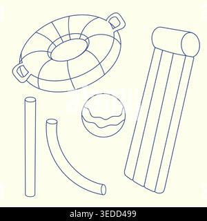Inflatable pool accessories line art set Stock Vector