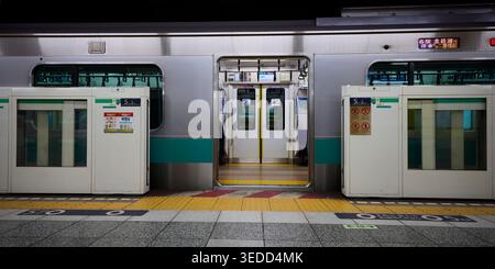 Empty train waits at underground metro station with its doors open for boarding. Tokyo, Japan. Stock Photo
