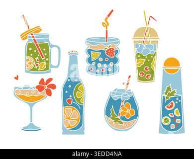 Vibrant summer cold drinks flat vector set Stock Vector