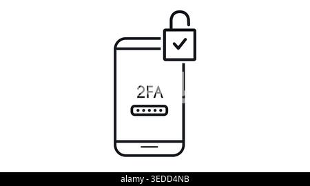 Smartphone 2FA authentication icon: mobile phone with two-factor authentication text and verified padlock, minimalist black line art vector Stock Vector