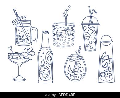 Summer drinks line art vector icons Stock Vector