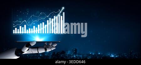 A futuristic robotic hand holds a digital screen displaying a rising financial graph, symbolizing innovation and growth in technology and finance Stock Photo