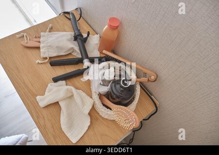 Various grooming tools and wellness products arranged for daily self-care rituals Stock Photo