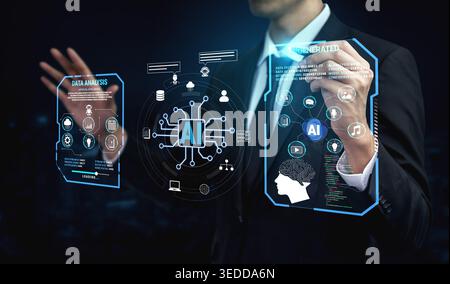 Businessman Interacting with Futuristic Artificial Intelligence Data Interface in Digital Workspace for Advanced Technology Solutions and Innovations Stock Photo