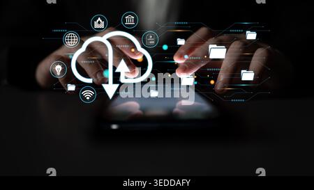 Modern Technology and Cloud Computing Concept with Hands Typing on Tablet Surrounded by Digital Icons Representing Data Transfer and Connectivity Stock Photo