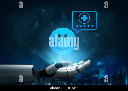 A futuristic robot hand holding a digital smile icon within a feedback bubble, symbolizing innovation in healthcare technology and enhancing patient Stock Photo