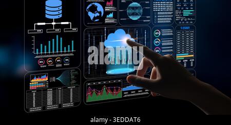 Digital Data Visualization with Cloud Computing Symbol and Touch Interaction for Technology and Business Analysis Fluxor. Stock Photo