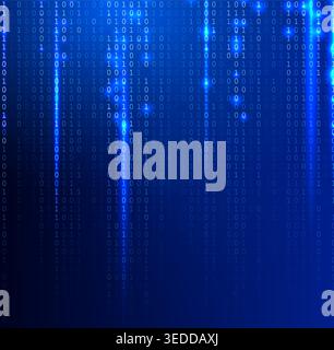 Blue Binary Code Background Glowing Digital Data Stream for AI Coding, Data Encryption, Cybersecurity, Software Engineering, Cloud Code Computing Stock Vector