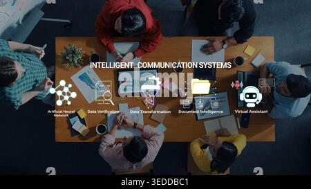 Group of Diverse Professionals Collaborating on Intelligent Communication Systems and Data Transformation Strategies in an Office Setup Haptic. Stock Photo