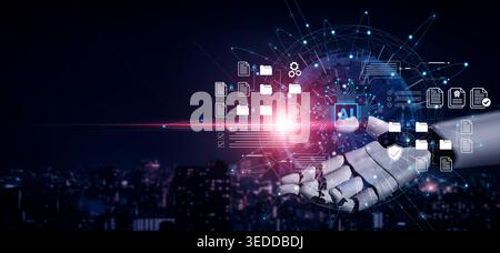 A robotic hand engages with digital files and artificial intelligence symbols over a dark futuristic cityscape, symbolizing advanced technology and Stock Photo