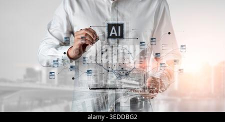AI neural network and data processing system visualizing artificial intelligence with brain structure, chip, and connected data blocks for computation Stock Photo