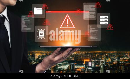 A businessman presents a laptop displaying a system warning notification amidst a vibrant city background, illustrating concerns in digital technology Stock Photo