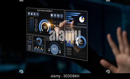 Smart home dashboard manages IoT system. Smart home dashboard controls temperature, dashboard tracks energy, smart home handles devices, and smart Stock Photo