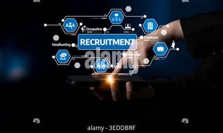 A modern digital illustration showcasing the recruitment process with a hand interacting with a tablet. This image symbolizes technology role in Stock Photo