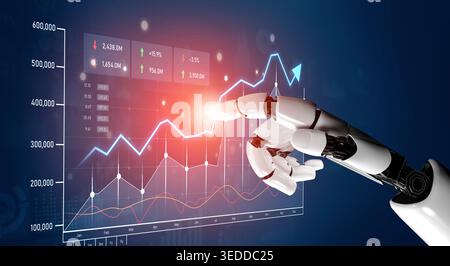 A robotic hand engages with a vibrant digital screen displaying financial data and trends, symbolizing the intersection of technology and modern Stock Photo