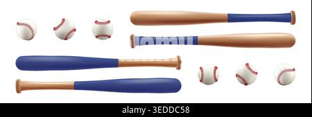 Basebal wooden bat and leather glove. 3d ball vector with line of red lace stiches. Vintage sport game mockup. Wood stick tool, pitcher white softball Stock Vector