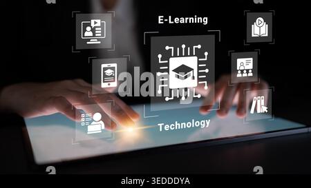 This image captures the essence of e-learning and technology, showcasing icons that represent digital education, innovation, and the future of online Stock Photo