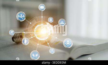 This image features a lightbulb resting on an open book, surrounded by digital icons symbolizing innovation and learning, perfect for educational and Stock Photo