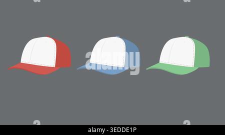 Set of three colorful baseball caps: red, blue, and green headwear icons, flat vector illustration of casual sports hats isolated on white. Stock Vector
