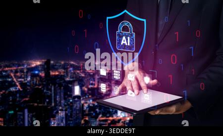 Businessman interacts with tablet displaying AI security icons against a vibrant city skyline, highlighting the importance of digital protection in Stock Photo