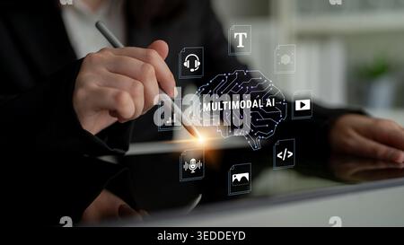 Conceptual Representation of Multimodal AI with Graphical User Interface Elements and Human Interaction in Modern Workspace Haptic. Stock Photo
