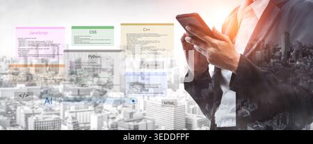 A business professional engages with smartphone technology amidst a city skyline. Various coding languages are displayed, symbolizing modern software Stock Photo