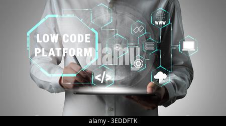 Business Professional Engaging with Low Code Platform Technology, Digital Transformation, Innovation, Automation, and Development Tools in Modern Stock Photo