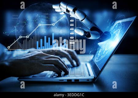 A modern scene depicting a robotic hand interacting with a laptop, showcasing data analysis and graphical visuals that illustrate advancements in Stock Photo