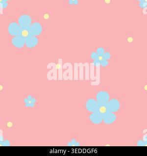 Seamless blue flower pattern on soft pink background with playful scattered layout, perfect for fabric, nursery, wallpaper, wrapping paper, and cute m Stock Vector