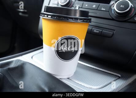 McDonald's McCafe coffee inside car interior Stock Photo