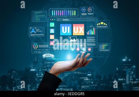 Futuristic Concept of User Interface and User Experience Design with Digital Data Flowing from Hand in City Background at Night Quark. Stock Photo