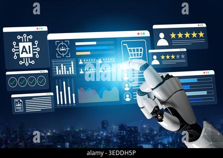 A robotic hand interacts with a diverse digital interface, showcasing data analytics, e-commerce trends, AI insights, and user engagement metrics Stock Photo