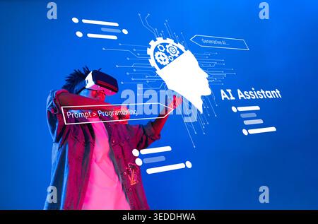 A person engages with a virtual reality environment while interacting with a digital AI assistant, showcasing elements of programming and innovation Stock Photo
