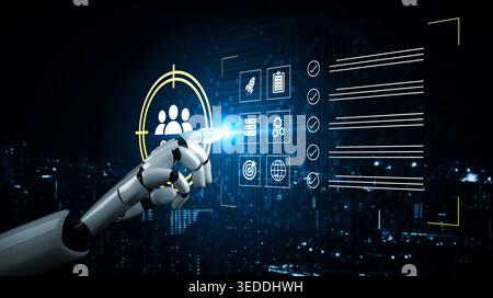A robotic hand reaches out to engage with a digital interface in a modern technological setting, symbolizing innovation, automation, and futuristic Stock Photo