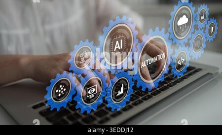 Focus on Automation Concept with Gears, AI Icons, and Business Symbols Above Keyboard with Hands Typing on Laptop in Modern Workspace Haptic. Stock Photo