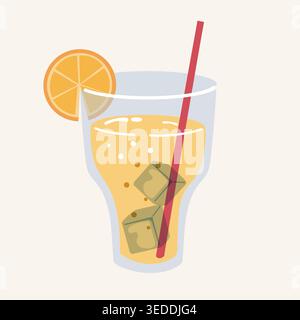 Refreshing glass of lemonade with lemon slices, mint leaves, ice cubes, and a straw in flat cartoon style. Summer drink concept isolated on white Stock Vector