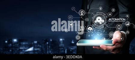 This image illustrates a hand holding a smartphone with vibrant digital symbols representing automation, networking, and technological innovation in a Stock Photo