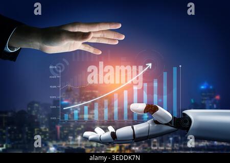 A captivating image showcasing the collaboration between a human hand and a robotic hand against a cityscape, symbolizing innovation, growth, and the Stock Photo