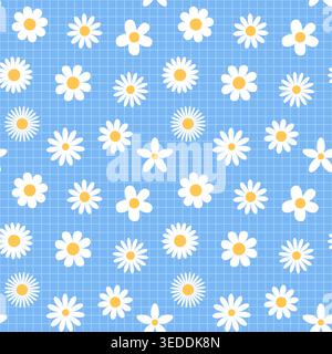 White vector daisies on blue grid, cute floral background for spring and summer product and fabric design Stock Vector