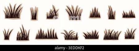 Vector scrapbook grass tuft grunge shapes, paper collage doodle silhouettes elements for backgrounds and product designs Stock Vector