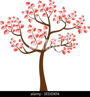 Vector tree with curvy branches and heart shaped leaves in pink and red colors Stock Vector