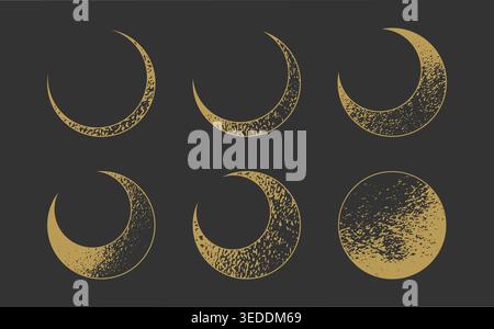 Moon phases, lunar cycle, textured crescent moon set. Vector illustration Stock Vector