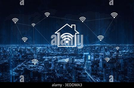 Explore a futuristic city skyline illuminated at night, showcasing the concept of smart home connectivity through wireless signals and network Stock Photo